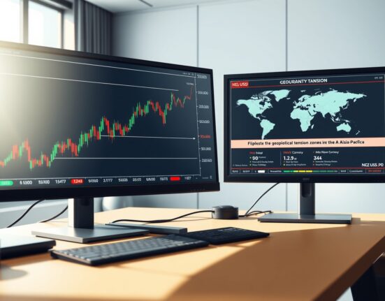 NZD/USD forecast analysis on trading screens amid geopolitical risk indicators.