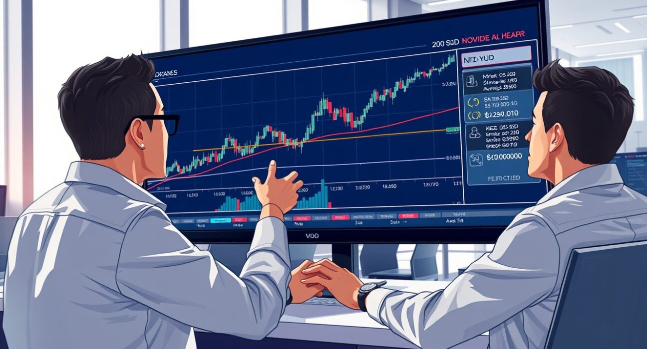 Financial analysts reviewing NZD/USD forecast chart showing the 200-day moving average and 0.5900