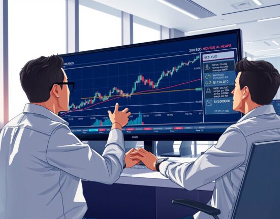Financial analysts reviewing NZD/USD forecast chart showing the 200-day moving average and 0.5900 level.