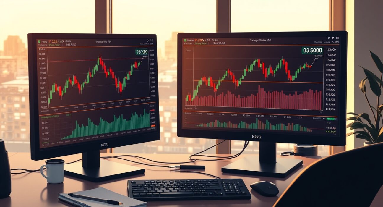 NZD/USD forecast analysis showing trading desk with currency charts below 0.5900 level