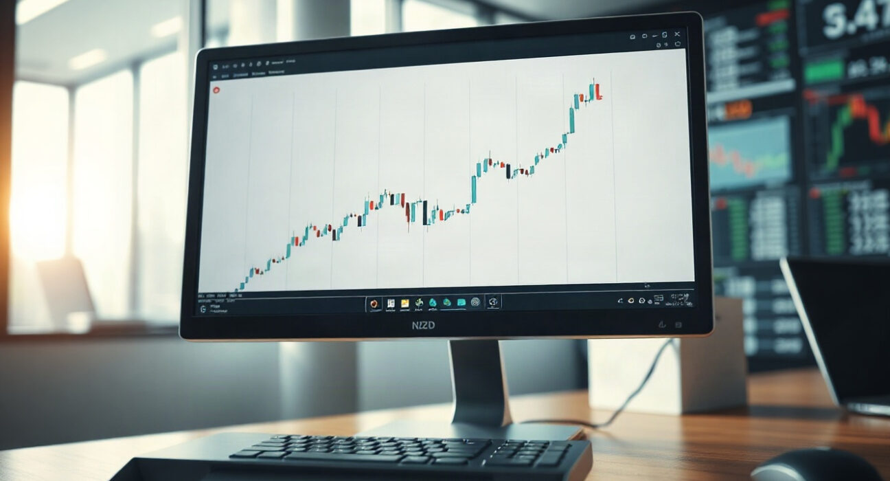 NZD/USD price chart on a trading monitor in a professional office setting.