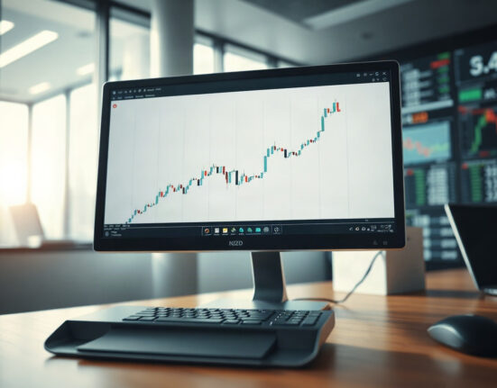 NZD/USD price chart on a trading monitor in a professional office setting.