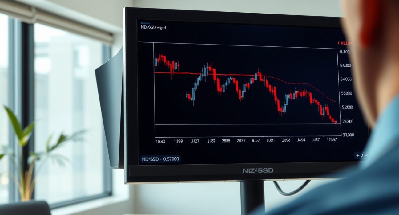 NZD/USD forecast analysis showing the Kiwi dollar at critical four-month lows on a trading chart.