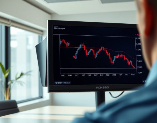 NZD/USD forecast analysis showing the Kiwi dollar at critical four-month lows on a trading chart.