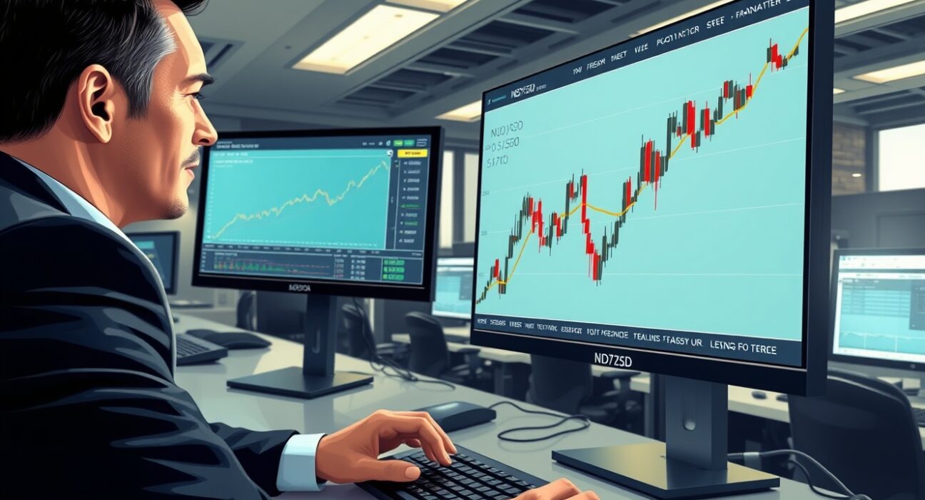 Forex trader analyzing NZD/USD price chart showing recovery to 0.5720.
