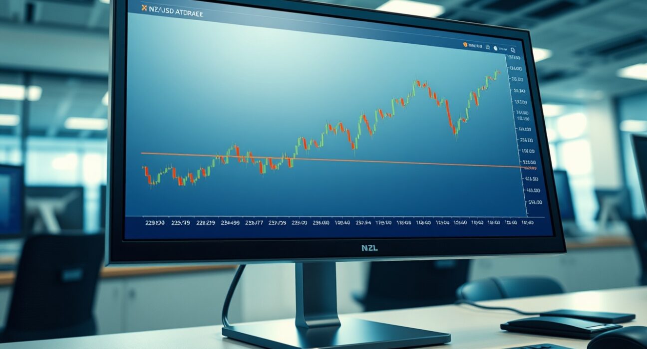 NZD/USD forecast chart analysis on a professional trading monitor showing key technical levels.