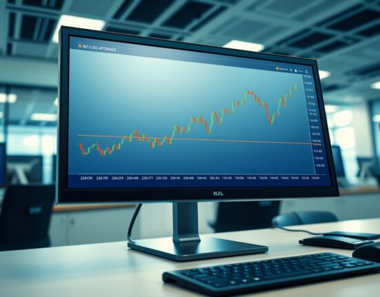 NZD/USD forecast chart analysis on a professional trading monitor showing key technical levels.