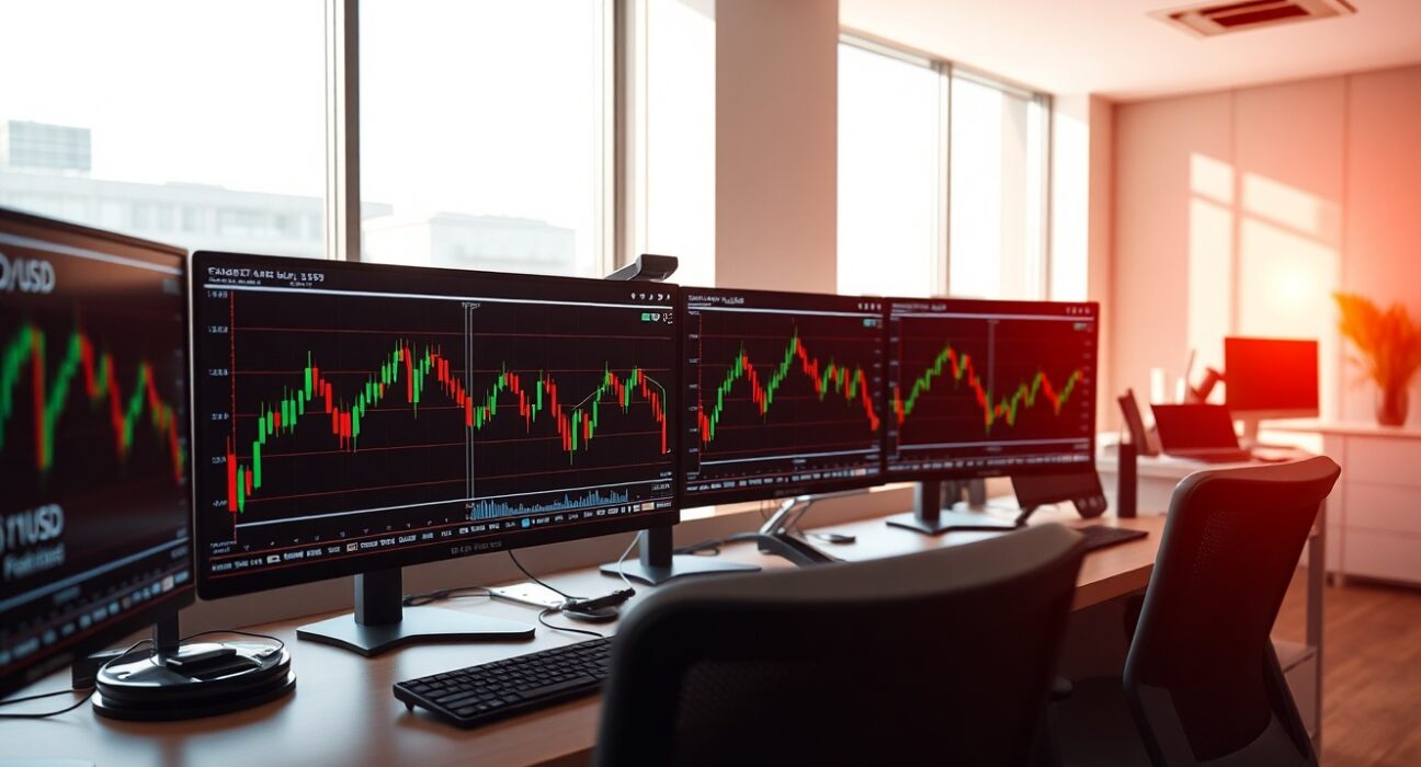 Trading monitors showing NZD/USD price charts in a financial office