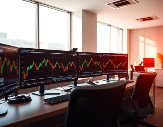 Trading monitors showing NZD/USD price charts in a financial office