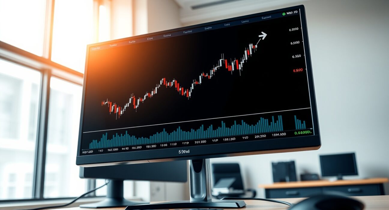 NZD/USD forex chart analysis showing bullish trend on a professional trading monitor.