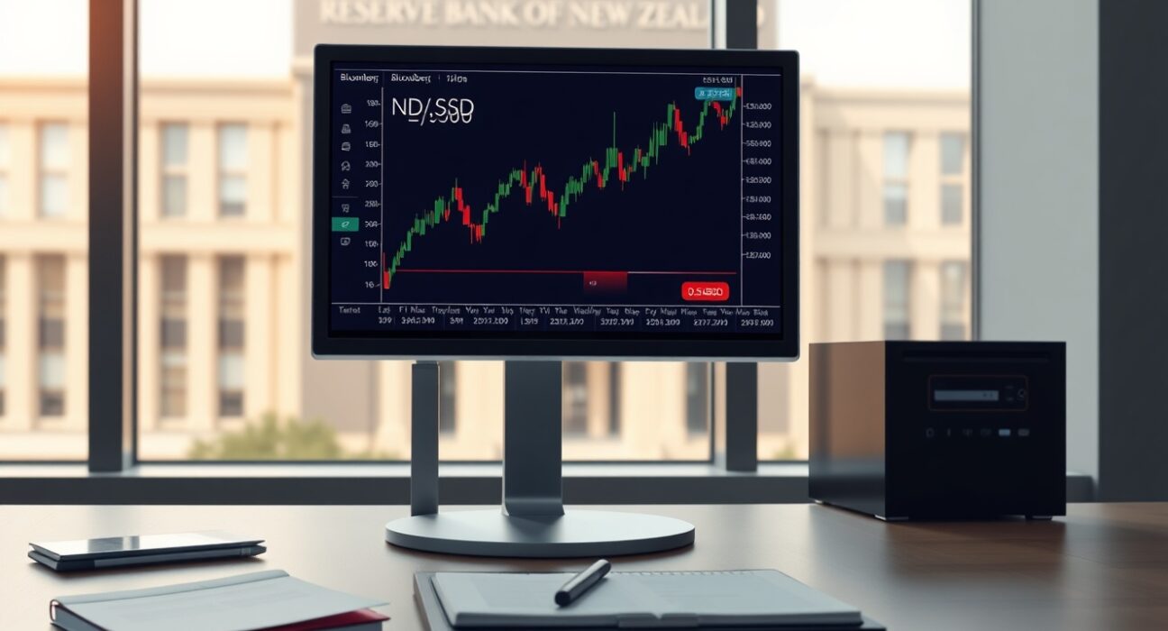 NZD/USD forecast analysis on trading terminal showing price action after RBNZ rate decision