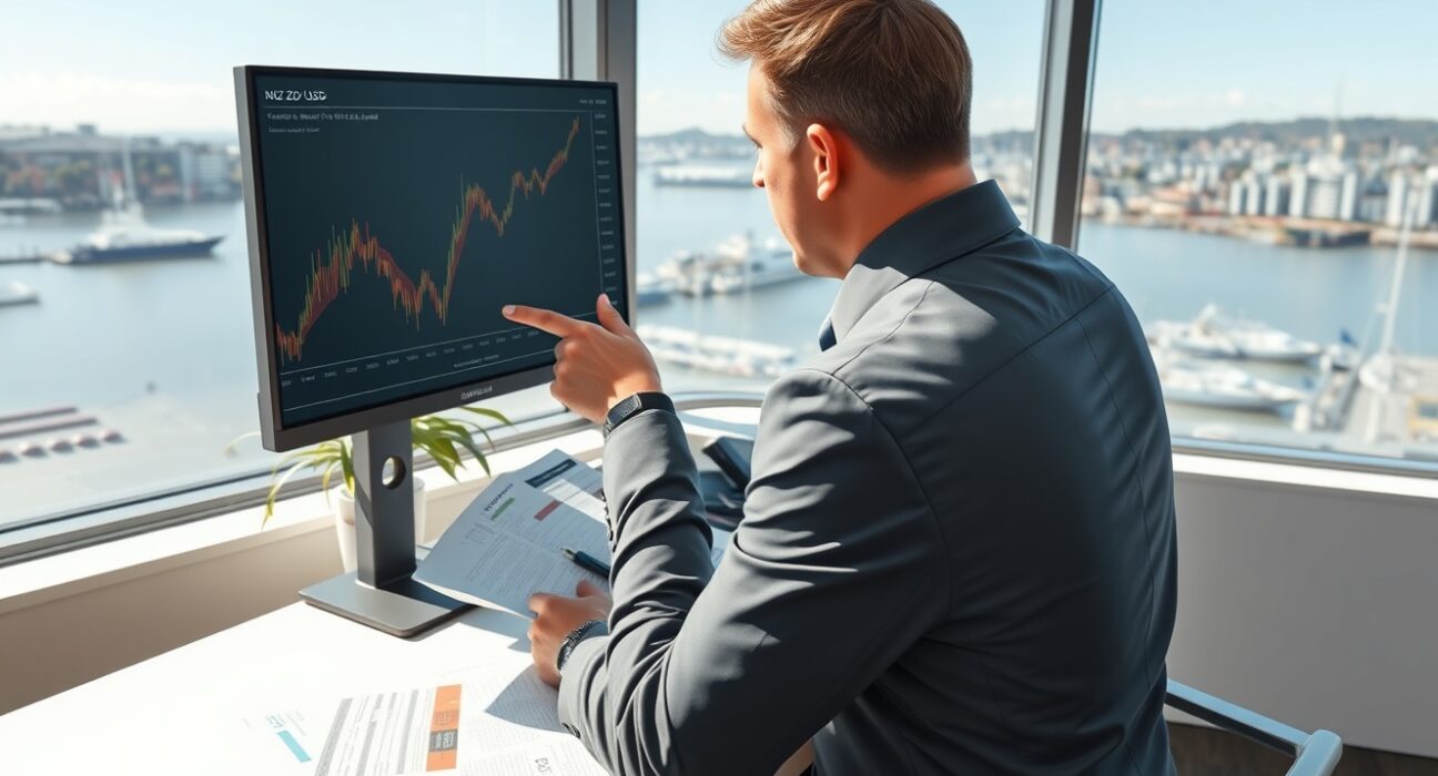 Financial analyst reviews NZD/USD forecast and RBNZ policy data on trading desk monitor.