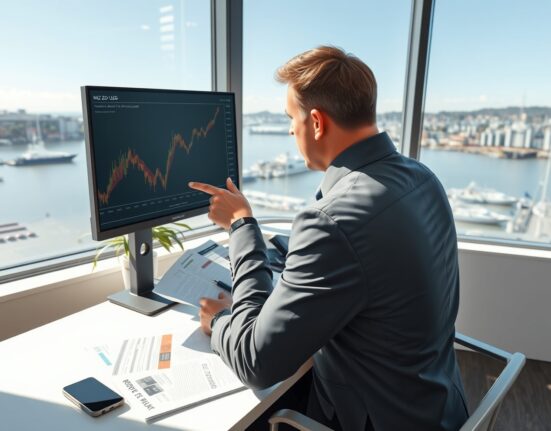 Financial analyst reviews NZD/USD forecast and RBNZ policy data on trading desk monitor.