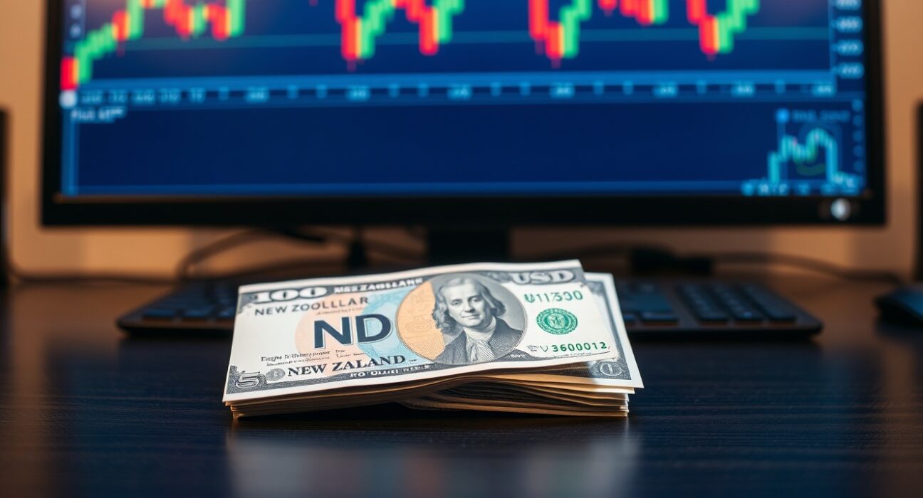 New Zealand and US dollar banknotes on a desk with a financial chart monitor in the background