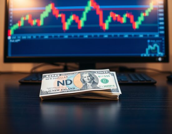 New Zealand and US dollar banknotes on a desk with a financial chart monitor in the background