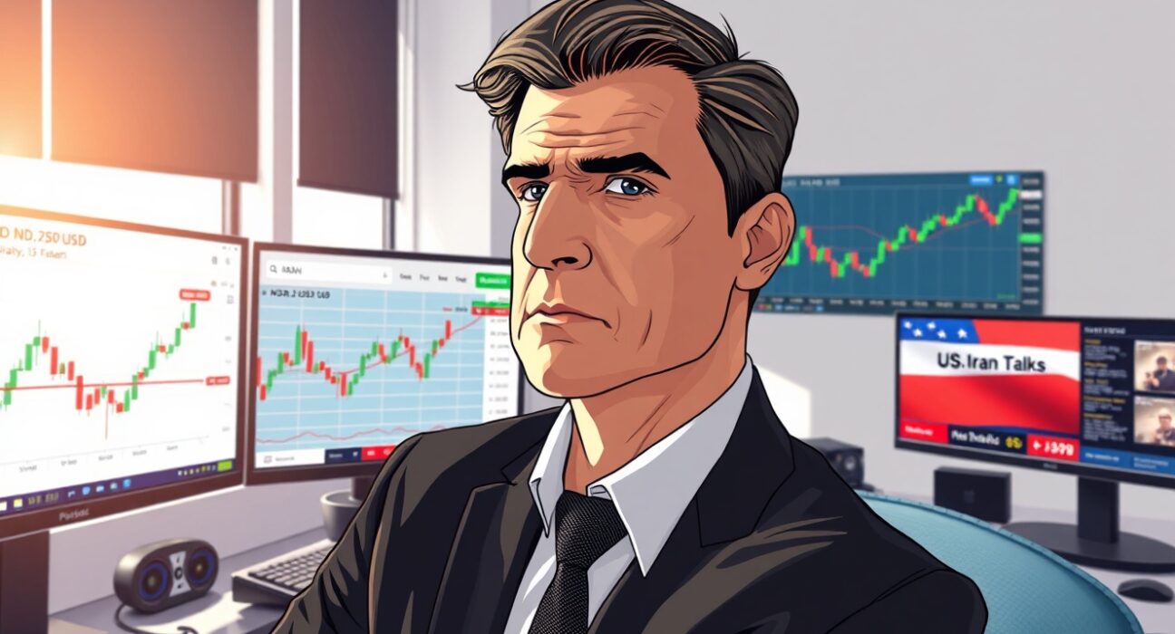 Financial analyst monitoring NZD/USD price movements during US-Iran diplomatic negotiations