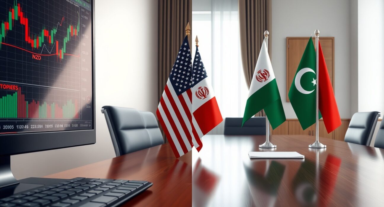NZD/USD forex chart analysis alongside US-Iran-Pakistan diplomatic flags representing market impacts