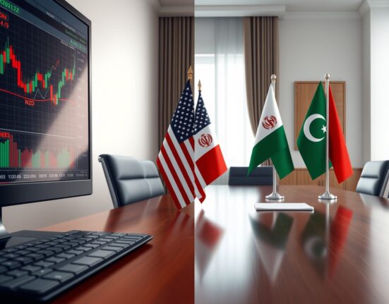 NZD/USD forex chart analysis alongside US-Iran-Pakistan diplomatic flags representing market impacts