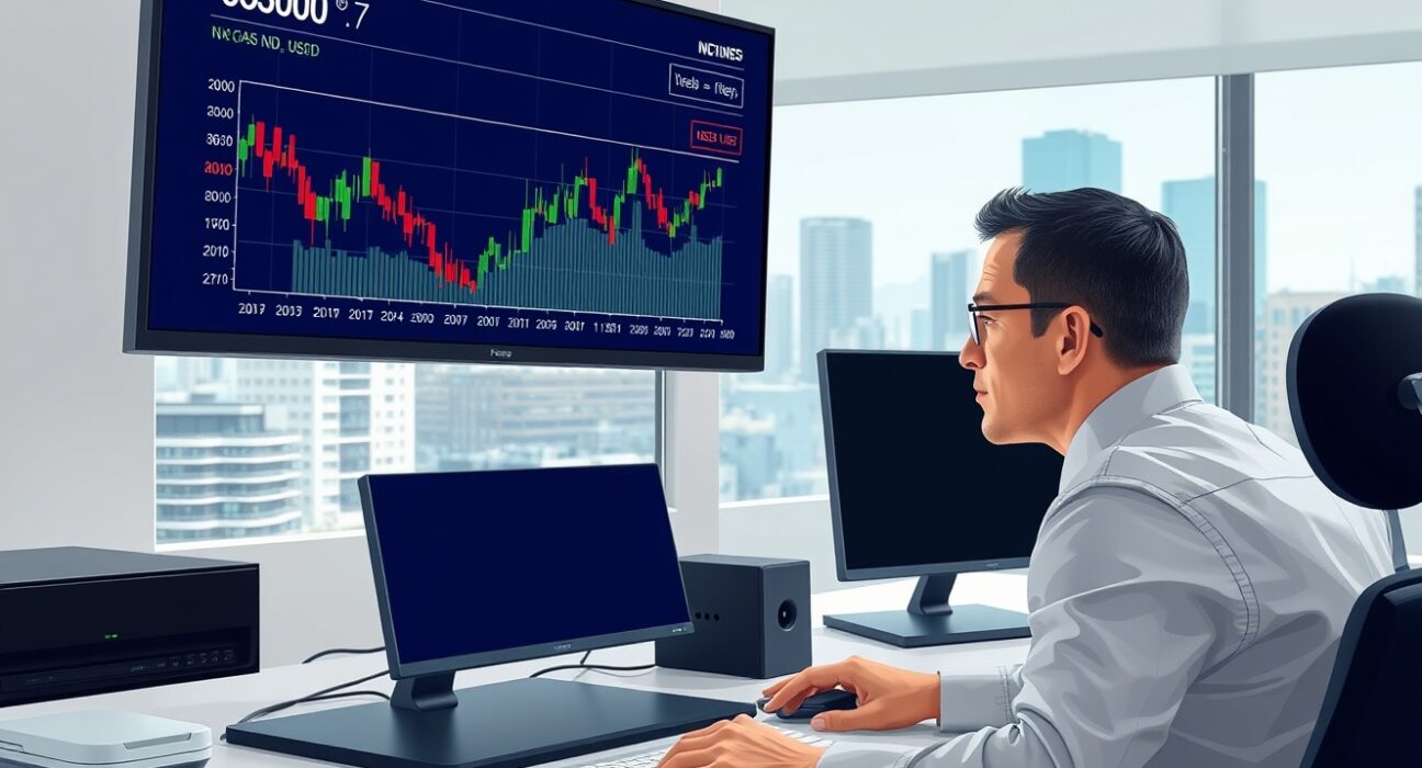 Financial analyst monitoring NZD/USD forex chart ahead of US jobs data release.