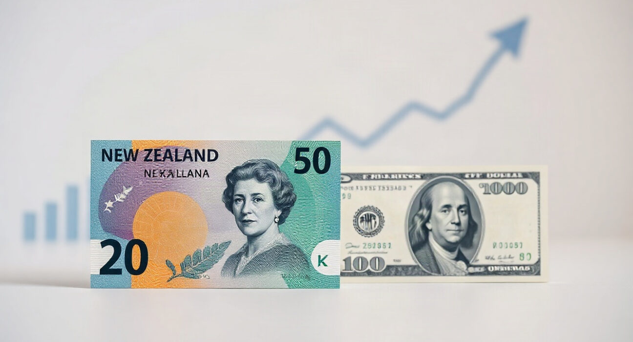 New Zealand dollar and US dollar banknotes with an upward chart, representing NZD/USD reaching a fresh high.