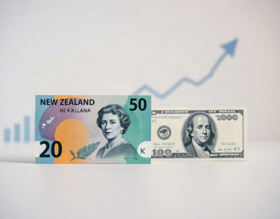 New Zealand dollar and US dollar banknotes with an upward chart, representing NZD/USD reaching a fresh high.