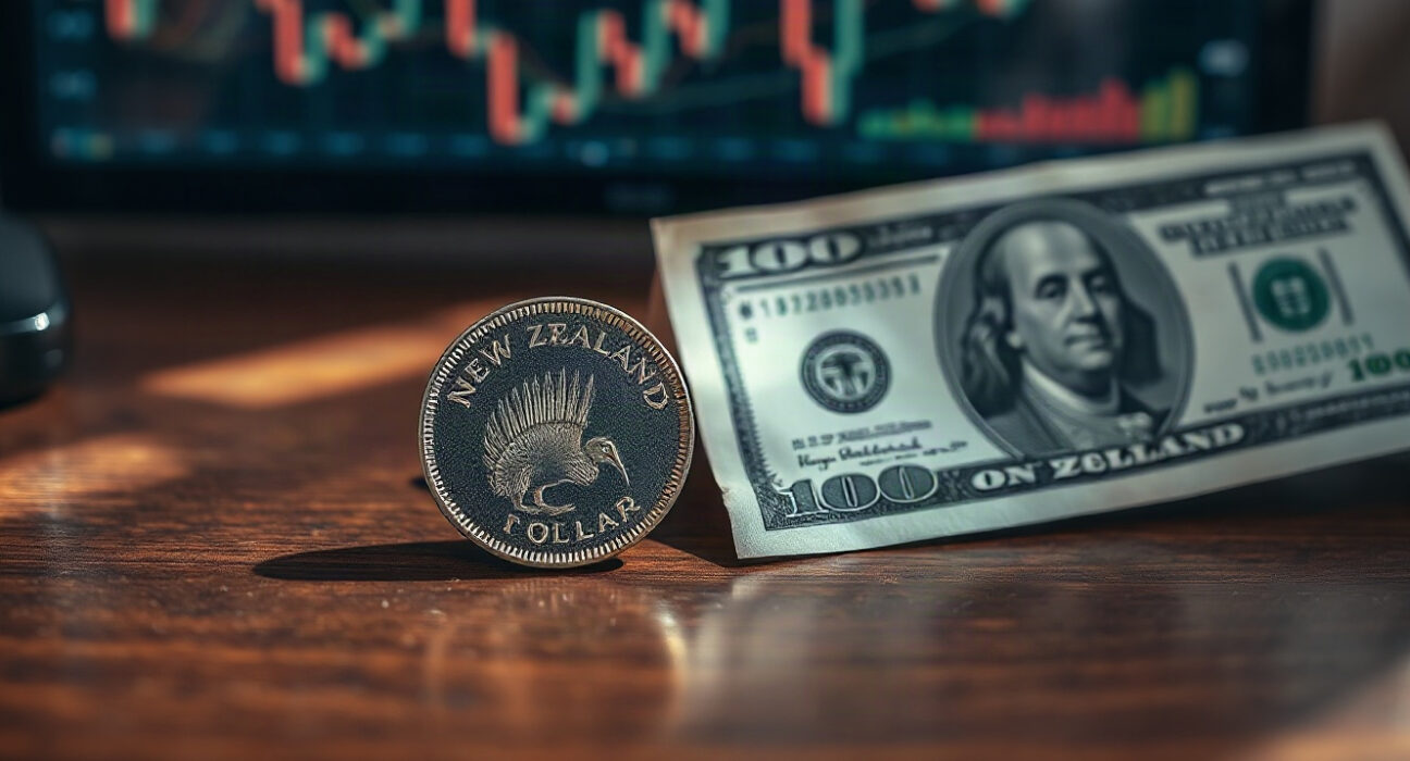 New Zealand Dollar coin and US Dollar bill on a desk, symbolizing the NZD/USD currency pair.