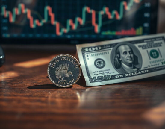 New Zealand Dollar coin and US Dollar bill on a desk, symbolizing the NZD/USD currency pair.