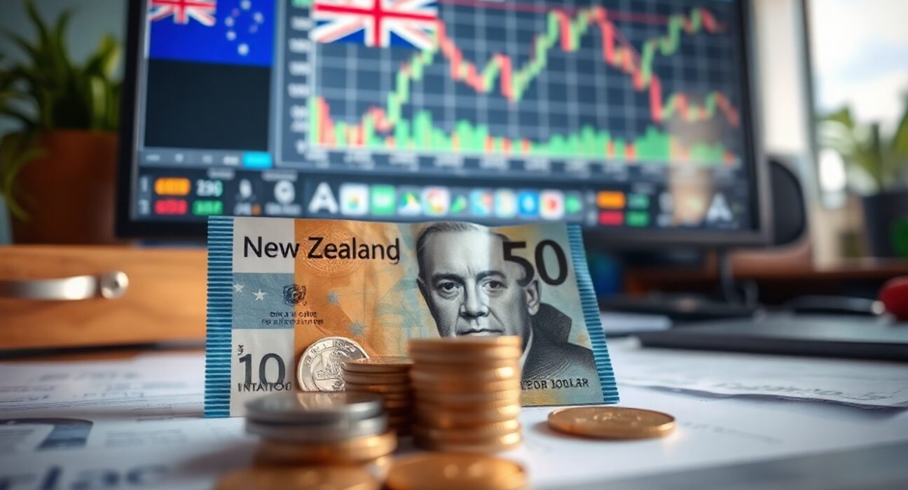 New Zealand Dollar banknotes and coins with forex charts in background
