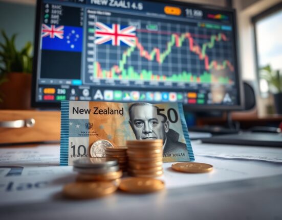 New Zealand Dollar banknotes and coins with forex charts in background