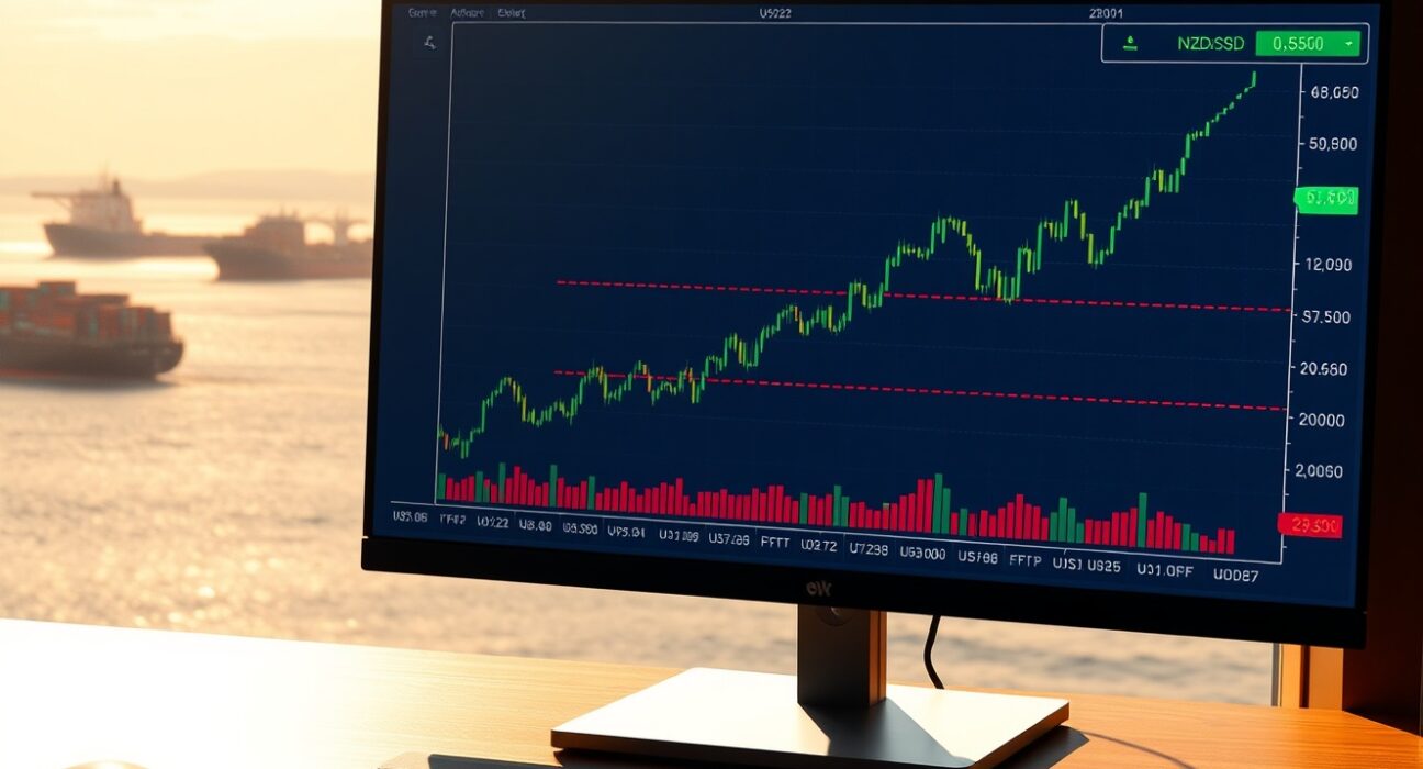 NZD/USD gains ground above 0.5850 on Iran Strait proposal, chart showing upward trend with geopolitical backdrop