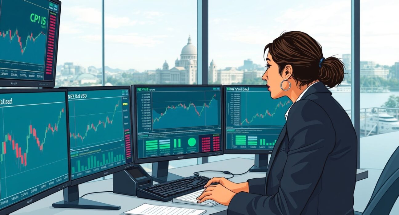 Trader in Wellington analyzes NZD/USD forex charts after strong New Zealand inflation data fuels RBNZ rate hike expectations.