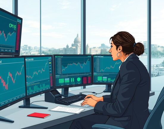 Trader in Wellington analyzes NZD/USD forex charts after strong New Zealand inflation data fuels RBNZ rate hike expectations.