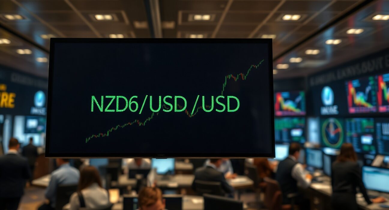 Digital trading screen showing NZD/USD currency pair rising on a financial trading floor.