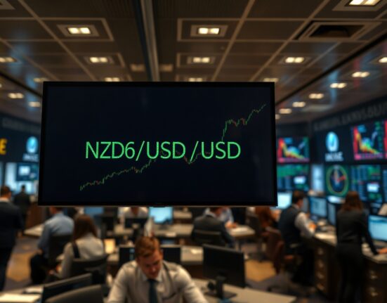 Digital trading screen showing NZD/USD currency pair rising on a financial trading floor.
