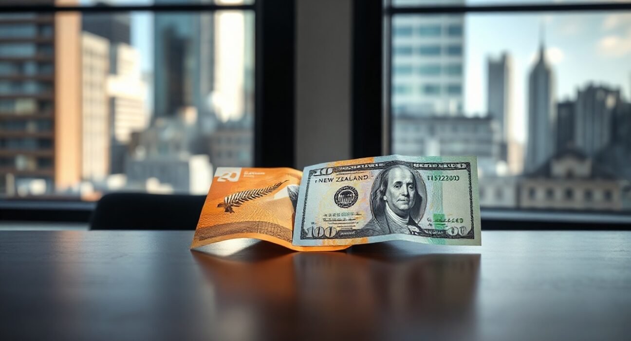 New Zealand and US dollar banknotes on a desk, symbolizing the NZD/USD currency pair movement.