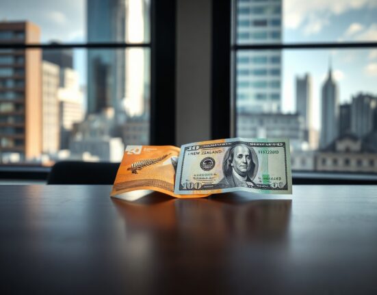 New Zealand and US dollar banknotes on a desk, symbolizing the NZD/USD currency pair movement.