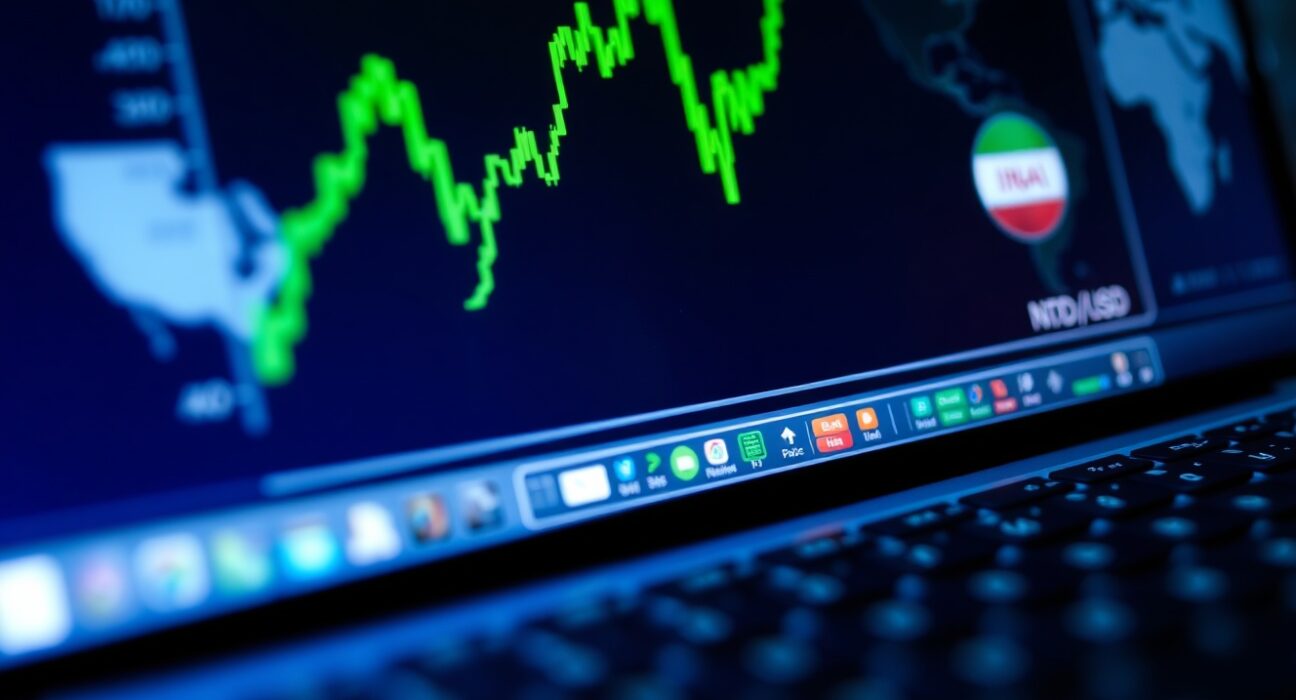 Digital trading screen showing NZD/USD candlestick chart with slight upward trend and blurred world map in background