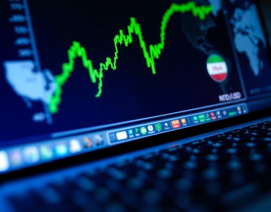 Digital trading screen showing NZD/USD candlestick chart with slight upward trend and blurred world map in background