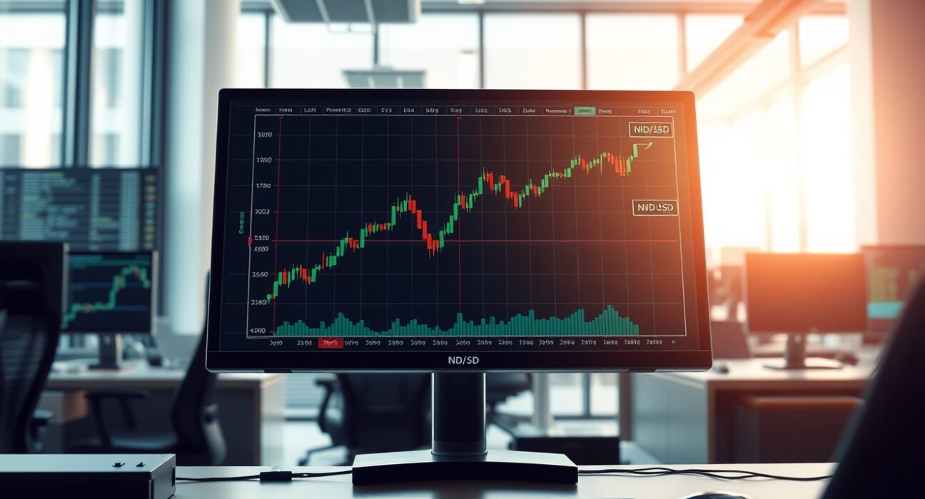 NZD/USD currency pair analysis on professional trading desk with upward trending charts