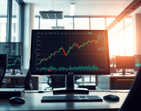NZD/USD currency pair analysis on professional trading desk with upward trending charts