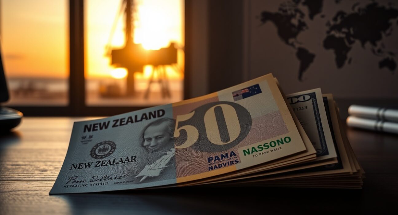 New Zealand dollar and US dollar banknotes on a desk with oil rig and map background