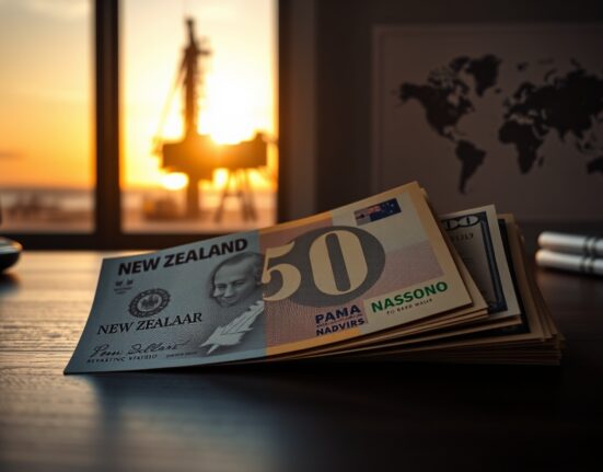 New Zealand dollar and US dollar banknotes on a desk with oil rig and map background