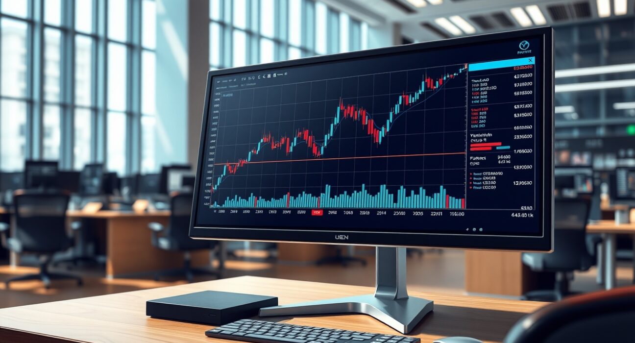 NZD/USD forex chart showing an upward trend on a trading desk monitor, representing the currency's recent surge.