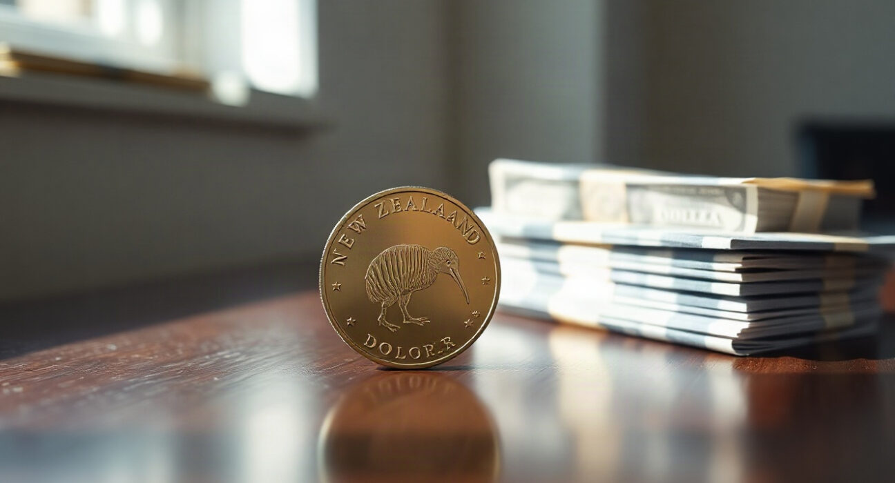 New Zealand dollar coin next to US dollar bills on a desk, symbolizing NZD/USD exchange rate movement