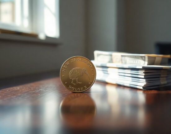 New Zealand dollar coin next to US dollar bills on a desk, symbolizing NZD/USD exchange rate movement