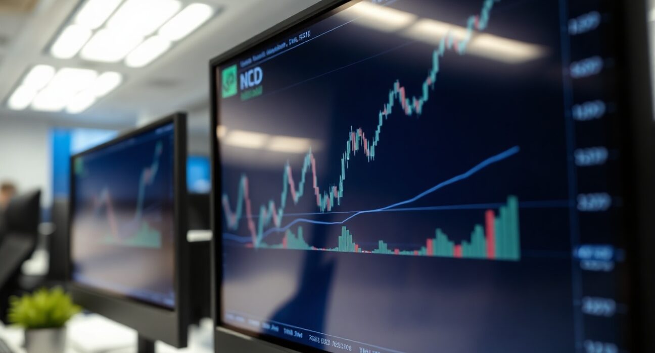NZD/USD price chart on a trading terminal in a modern office, with a steady upward trend line visible.