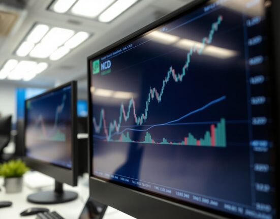 NZD/USD price chart on a trading terminal in a modern office, with a steady upward trend line visible.