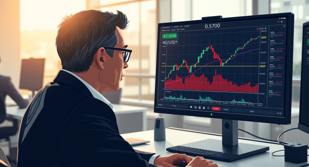 Trader analyzing NZD/USD forex chart holding above 0.5700 after China PMI data.