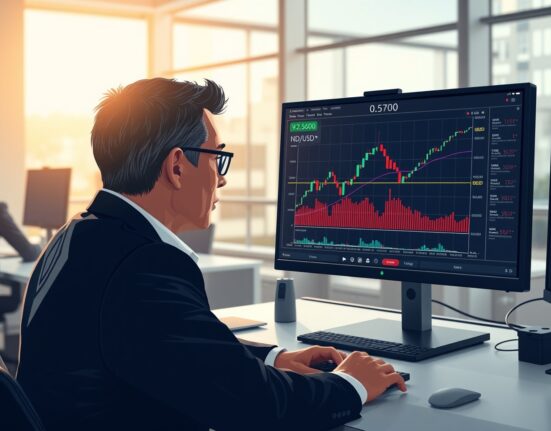 Trader analyzing NZD/USD forex chart holding above 0.5700 after China PMI data.