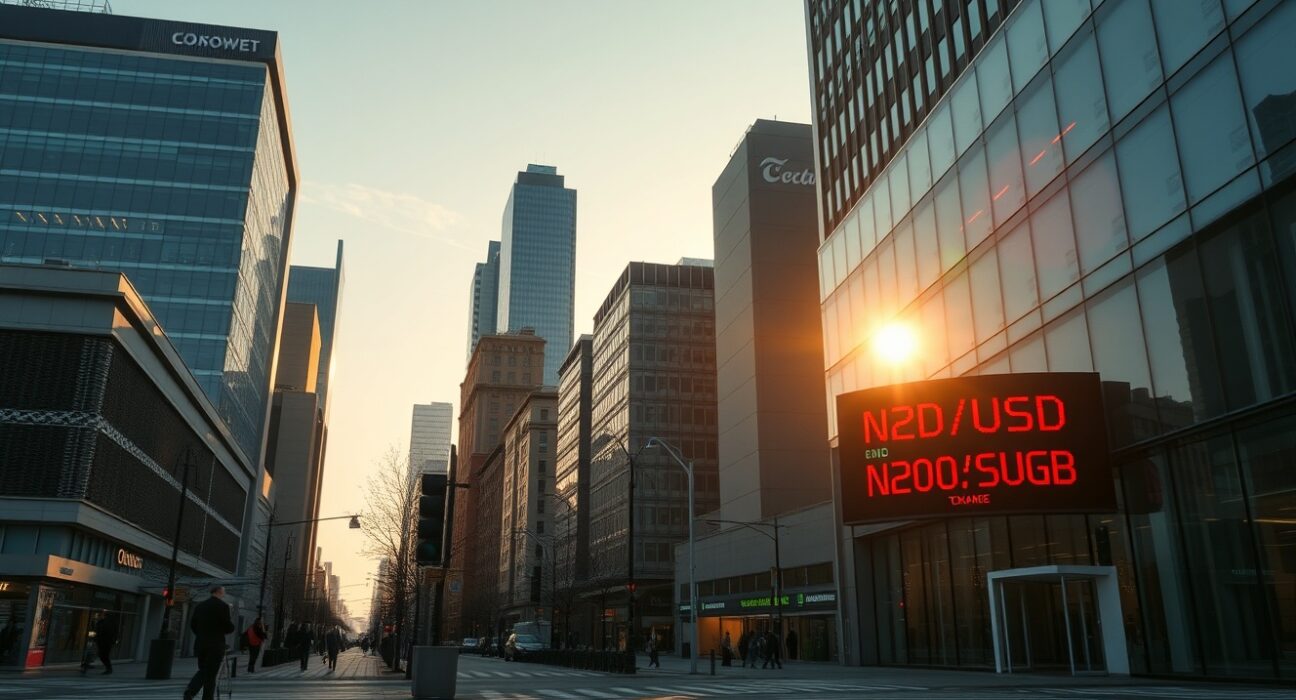 NZD/USD currency pair trading screen with financial district background